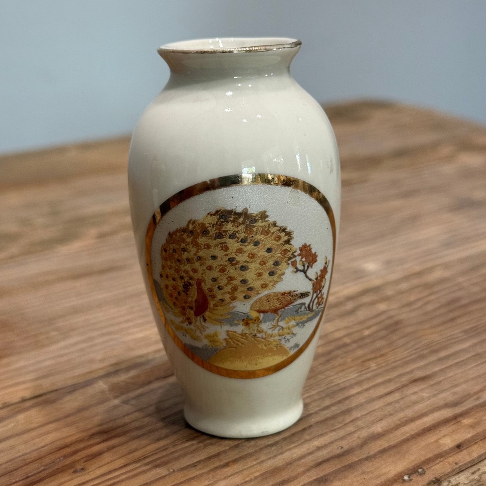 Vintage Miniature Bud Vase Japan Peacock Floral Gold Trim Ceramic 3.25 Inch